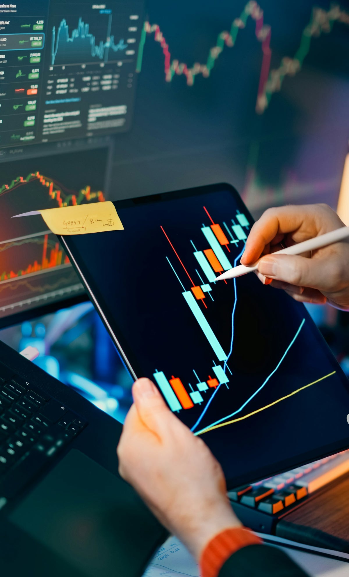 Analyste financier examinant des graphiques de marché et des indicateurs de risque sur tablette